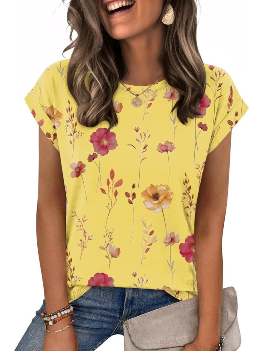 Women's Yellow Floral Casual Crew Neck Cap Sleeves Trendy Spring Fashion T Shirt